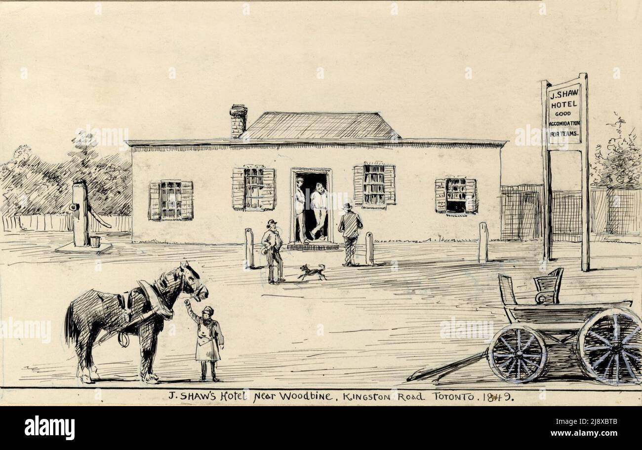 James Shaw's Hotel on Queen, near Kingston Road, 1849.Originalunterschrift: Feder- und Tintenzeichnung nach einer Bleistiftzeichnung. Beschriftet l.m.: J. SHAW'S Hotel in der Nähe von Woodbine, KINGSTON Road TORONTO. 1849. Stockfoto