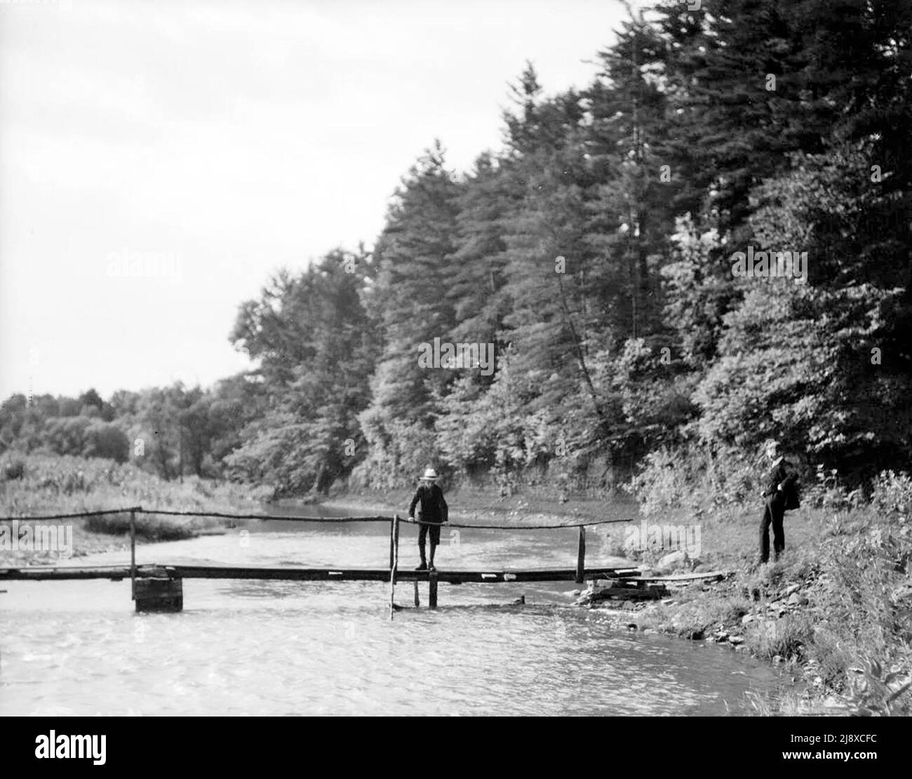 Mann, der den Wasserstand in der Nähe von Oakville, Ontario, überprüft, Ca. 1910 Stockfoto
