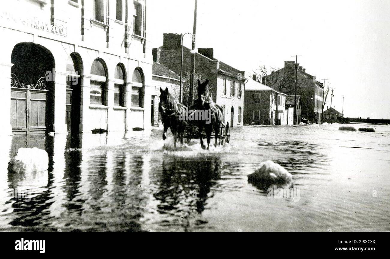 Eine überflutete Front Street in Belleville, Ontario, mit Blick nach Süden in Richtung Dundas Street. Ein Team von Pferden zieht einen Wagen durch das Wasser ca. 1918 Stockfoto