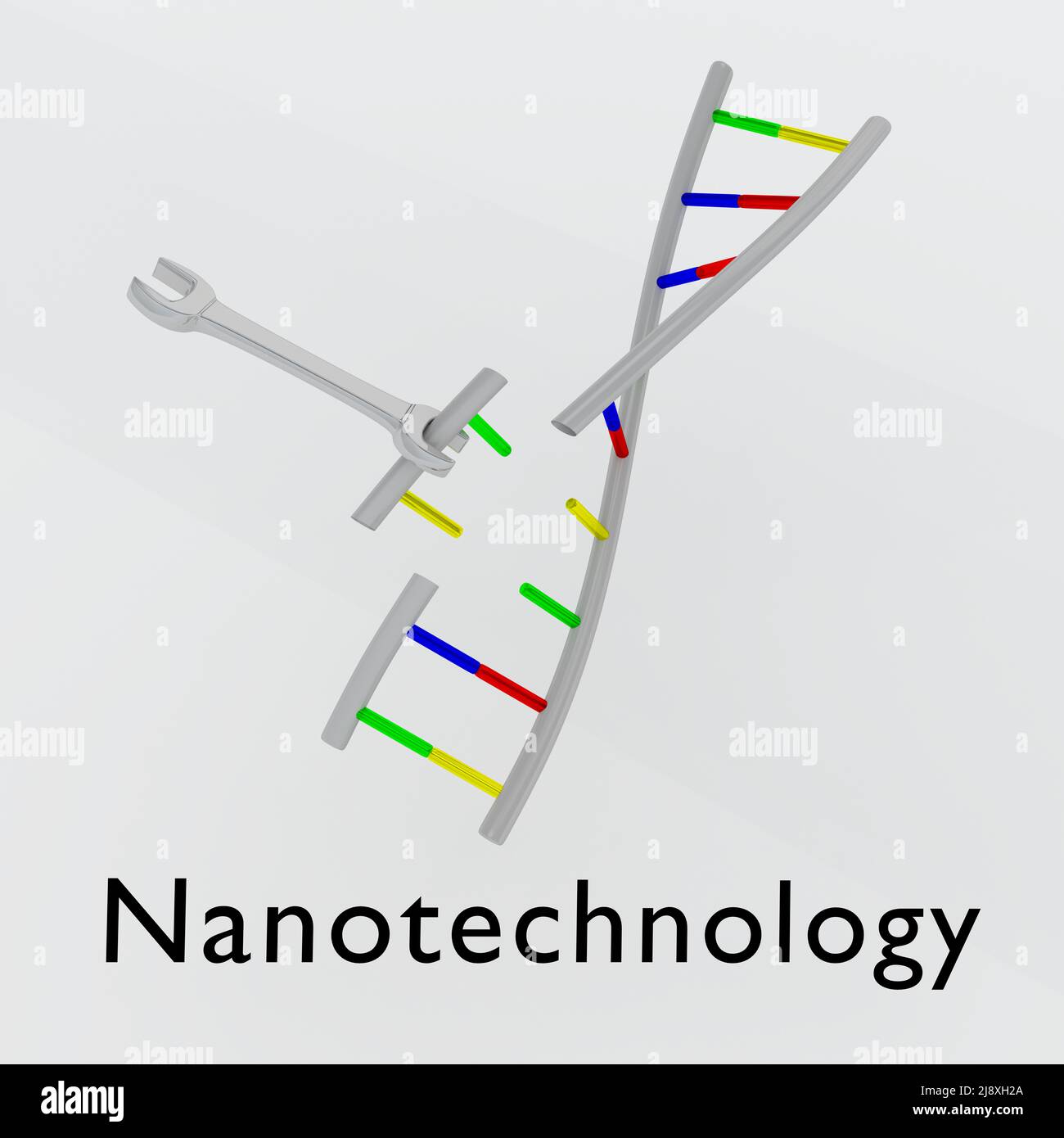 3D Illustration des CRISPR-Skripts mit DNA-Doppelhelix, isoliert auf grauem Hintergrund. Stockfoto