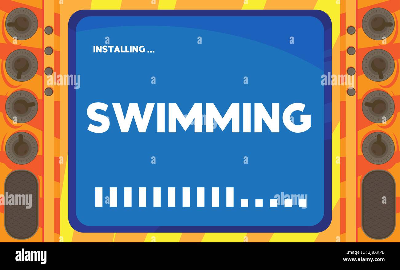 Cartoon Computer mit dem Wort Schwimmen. Meldung eines Bildschirms mit einem Installationsfenster. Stock Vektor