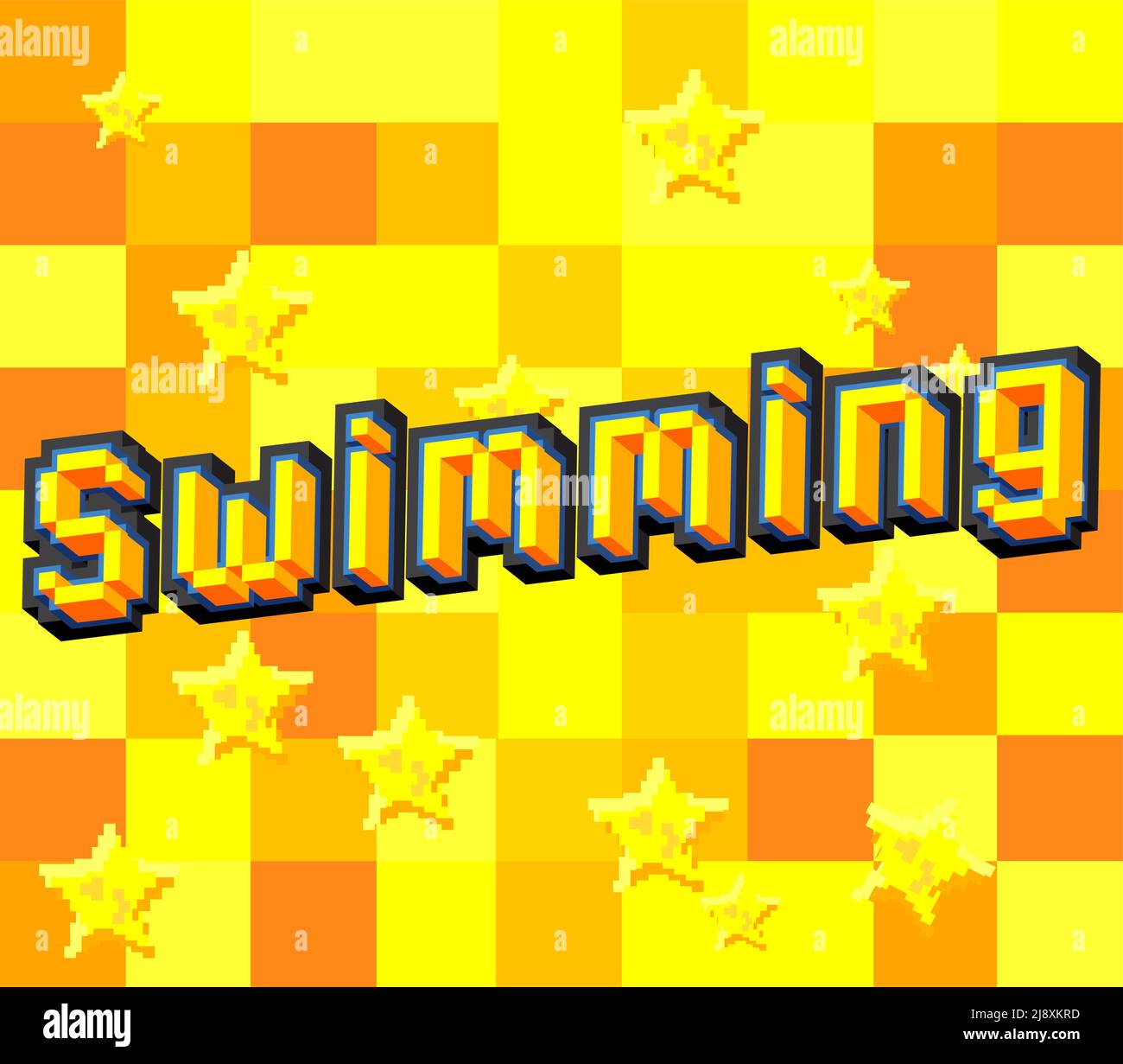 Schwimmen. Verpixeltes Wort mit geometrischem grafischem Hintergrund. Vektorgrafik Cartoon-Illustration. Stock Vektor