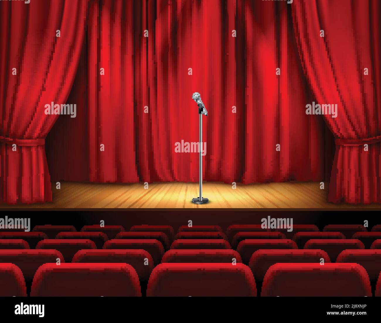 Realistische Theaterbühne mit Holzboden und rotem Vorhang Mikrofon Und Sitze für Zuschauer Vektor-Illustration Stock Vektor