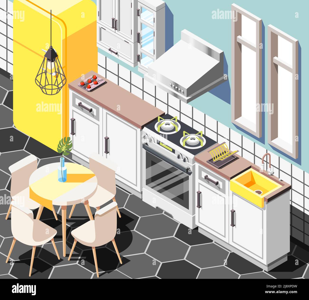 Loft Innenraum isometrischen Hintergrund mit Innenansicht der modernen Küche Mit Möbel Schränke Kühlschrank und Tisch Vektor Illustration Stock Vektor