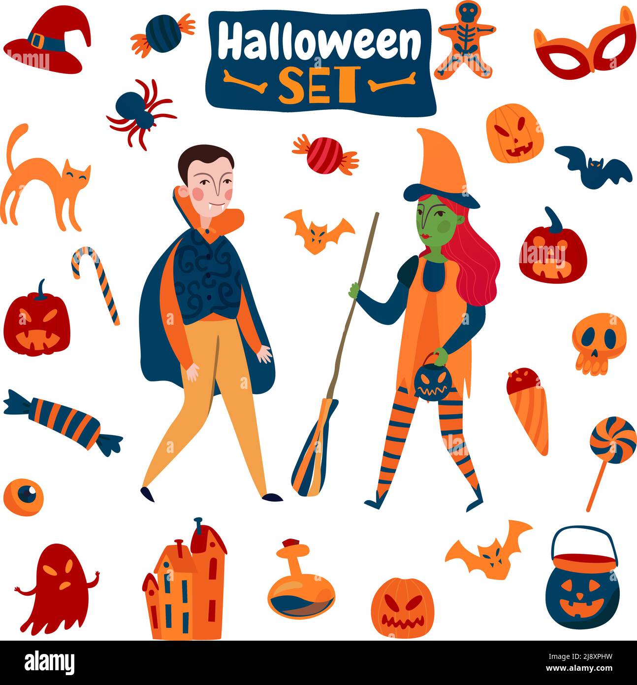 Halloween-Set mit isolierten Cartoon-Stil Bilder von geheimnisvollen Charakteren Und Urlaubszubehör auf leerem Hintergrund Vektorgrafik Stock Vektor