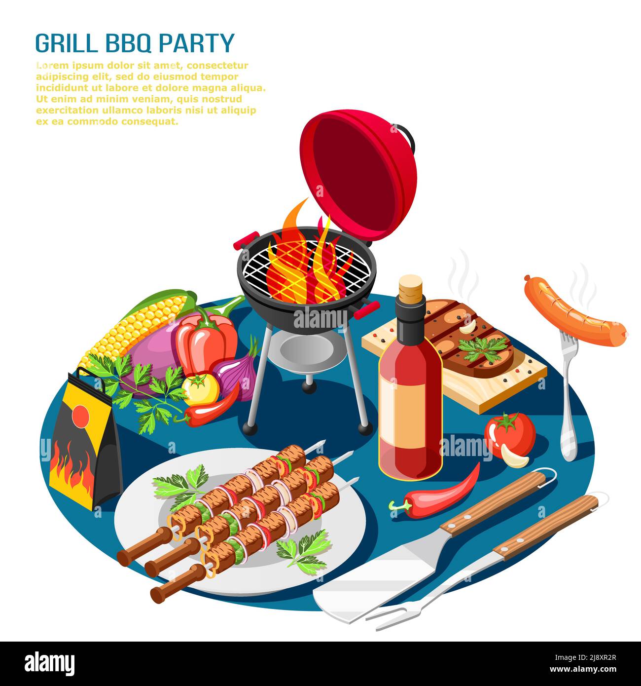 Grill bbq Party isometrischen Hintergrund Komposition mit editierbaren Text Beschreibung Und Tischset mit Grill Lebensmittel Vektor Illustration Stock Vektor