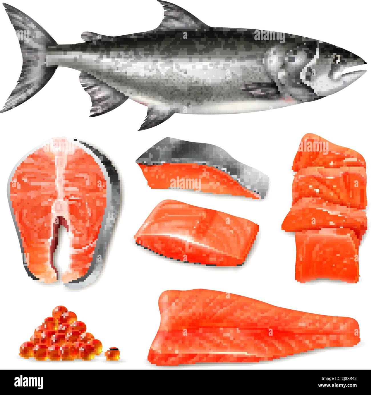 Lachs Fisch rohe Steaks und Kaviar Symbole auf isoliert gesetzt Weißer Hintergrund realistische Vektordarstellung Stock Vektor
