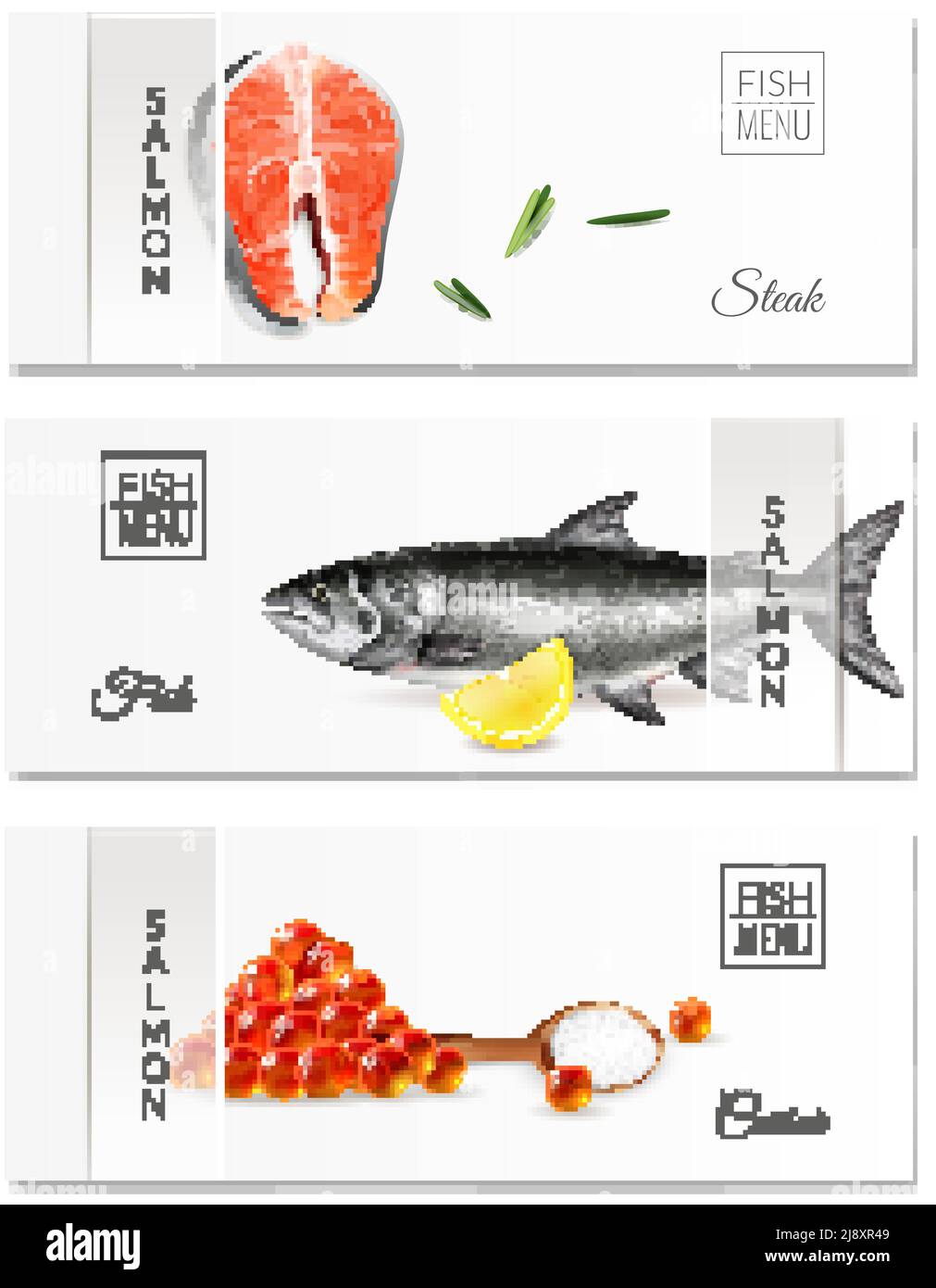 Realistischer Satz von drei horizontalen Banner mit Fischmenü Lachs Steaks und Kaviar isoliert Vektor-Illustration Stock Vektor