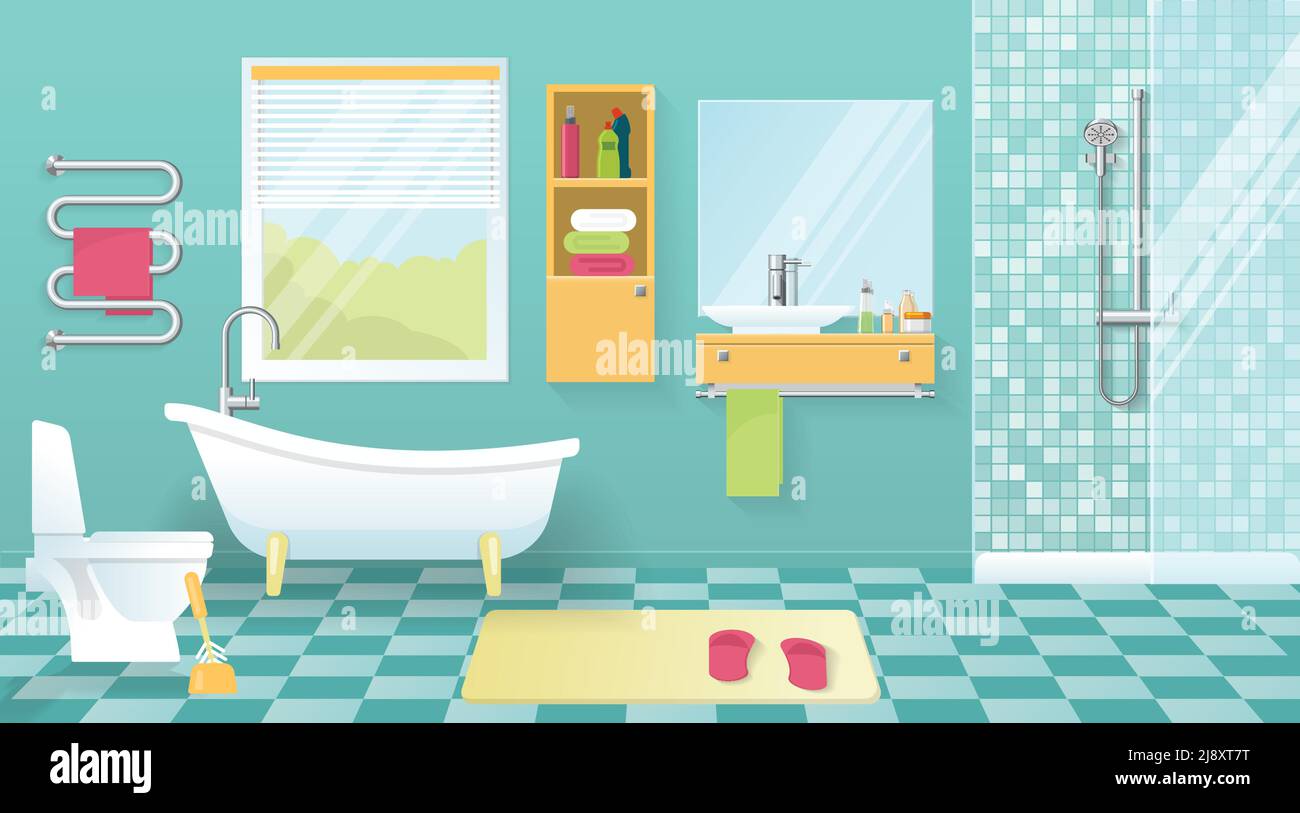 Moderne Badezimmer-Innenausstattung mit Sanitärausstattung gelb Möbel Fenster blau Vektorgrafik Wände und Fliesenboden Stock Vektor
