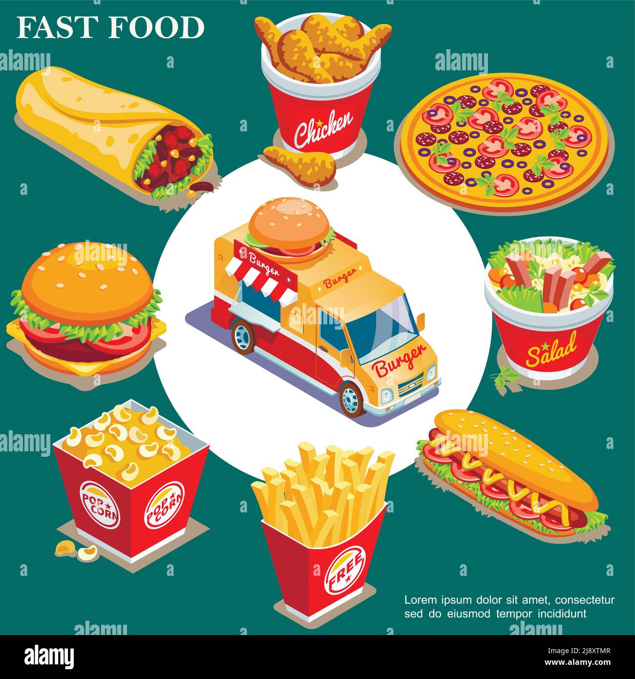 Isometrisches Fast-Food-Konzept mit Street Food Truck Döner Huhn Beine Pizza Salat Hot Dog pommes frites Popcorn Eimer Burger Isolierte Vektorgrafik Stock Vektor