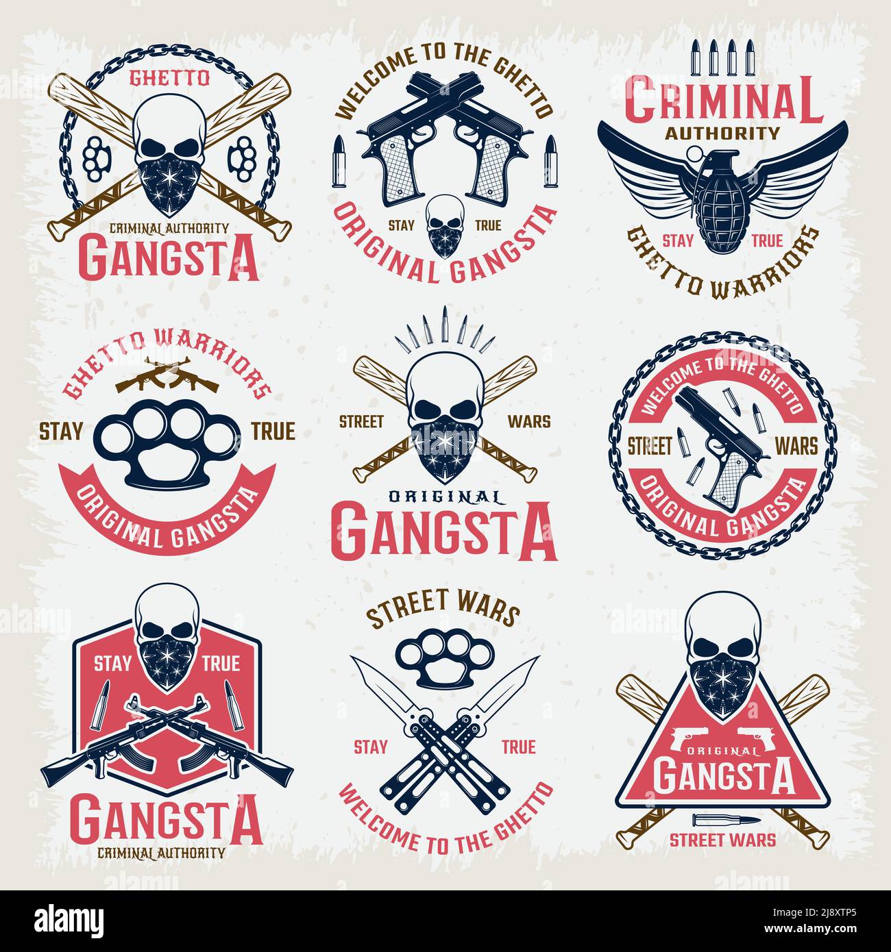 Gangster farbige Embleme mit Bandit Maskottchen gekreuzte Fledermäuse eingefasst Waffe Und Schusswaffe isoliert Vektor-Illustration Stock Vektor