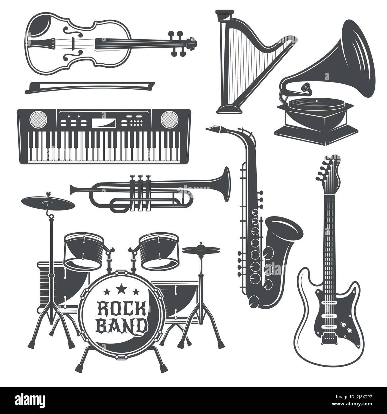 Musik monochrome Elemente Set mit Violine und Harfe Synthesizer quitar Percussions und Saxophon isolierte Vektor-Illustration Stock Vektor