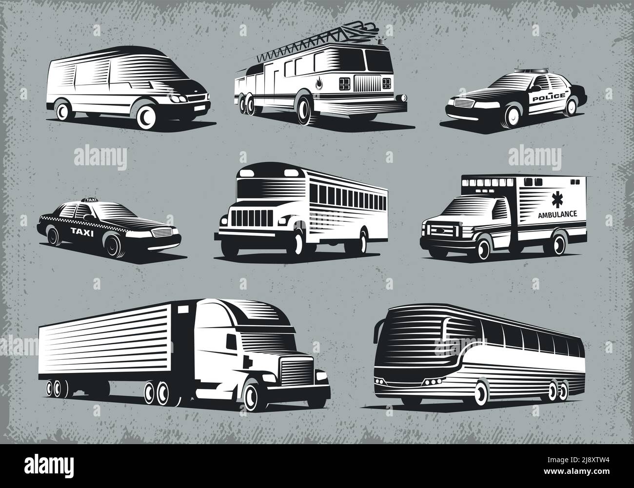Moderne öffentliche und Notfall-Transport Retro-Stil Bilder mit eingestellt Verschiedene Fahrzeugtypen auf Grunge Hintergrund Vektorgrafik Stock Vektor
