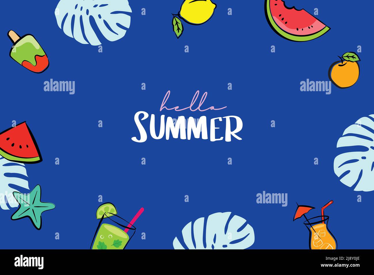 Hallo Sommer Banner Design handgezeichnete Stil. Sommer mit Kritzeleien und Objekten Elemente für Strand Party Hintergrund. Stock Vektor