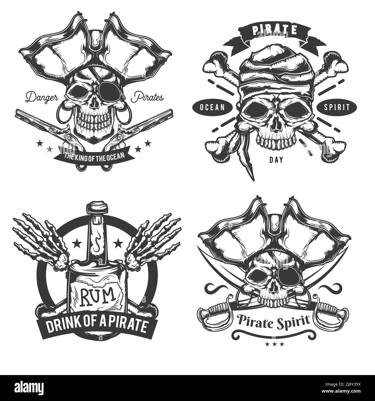 Satz von Pirat-Elementen (Flasche, Knochen, Schwert, Pistole) Embleme, Etiketten, Abzeichen, Logos. Isoliert auf Weiß Stock Vektor
