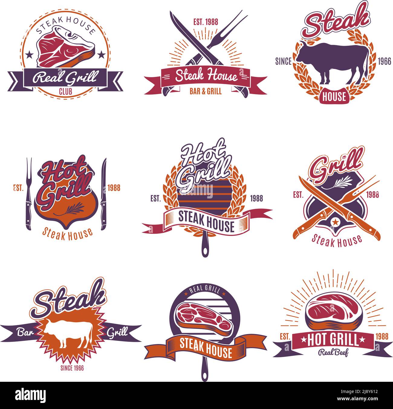 Set von isolierten Steak Embleme in Farbe mit Bildern von Fleisch Steaks Besteck Tiere und Text Vektor Illustration Stock Vektor