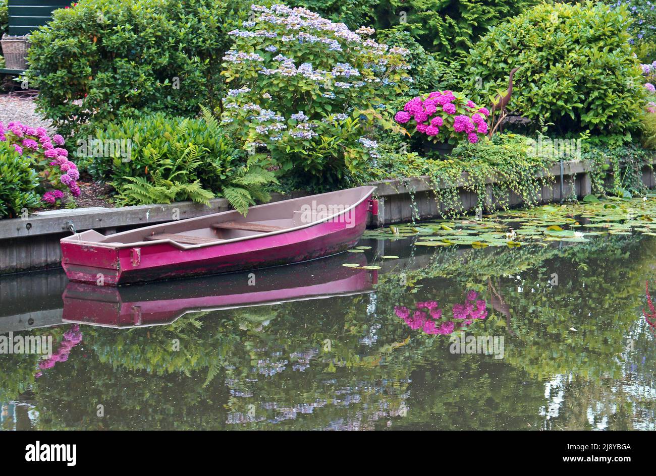 Romantisches Bild vom Fluss Eem in Amersfoort (Niederlande), einem rosa Ruderboot und Garten mit Blumen. Reflexionen im Wasser Stockfoto