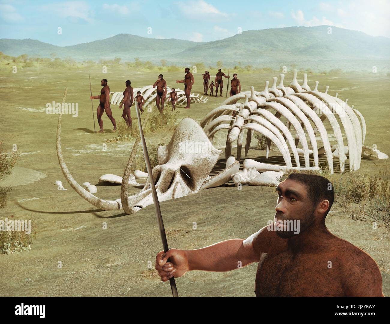 Ein Stamm menschlicher Vorfahren, Homo Erectus, wandert durch die Savanne, vorbei an Mammutskeletten, 3D Render. Stockfoto