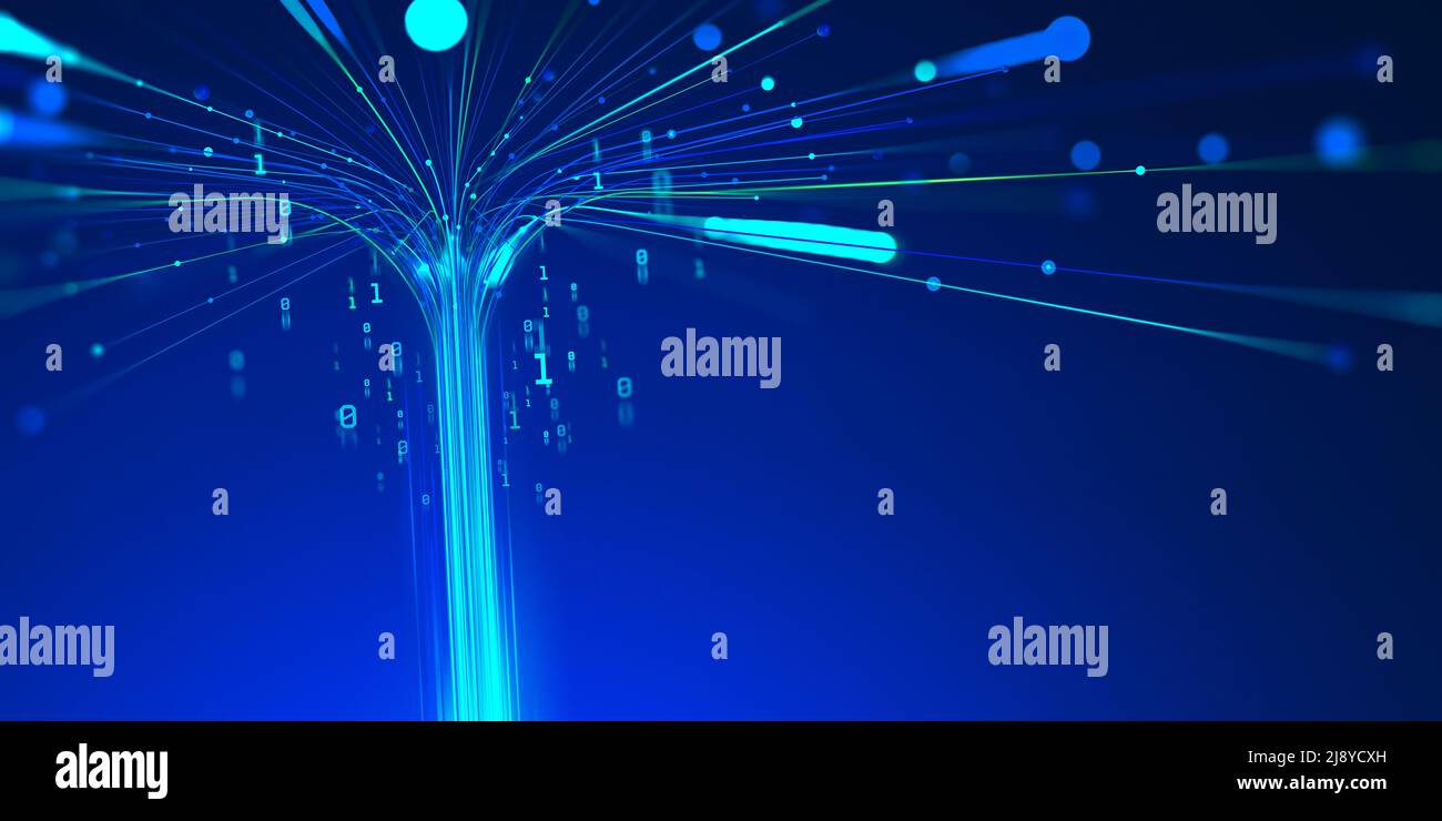 5G Technologie drahtlose Datenübertragung, High-Speed-Internet. Informationsfluss im abstrakten Cyberspace. 3D Abbildung des digitalen Trichters für Big Data Stockfoto