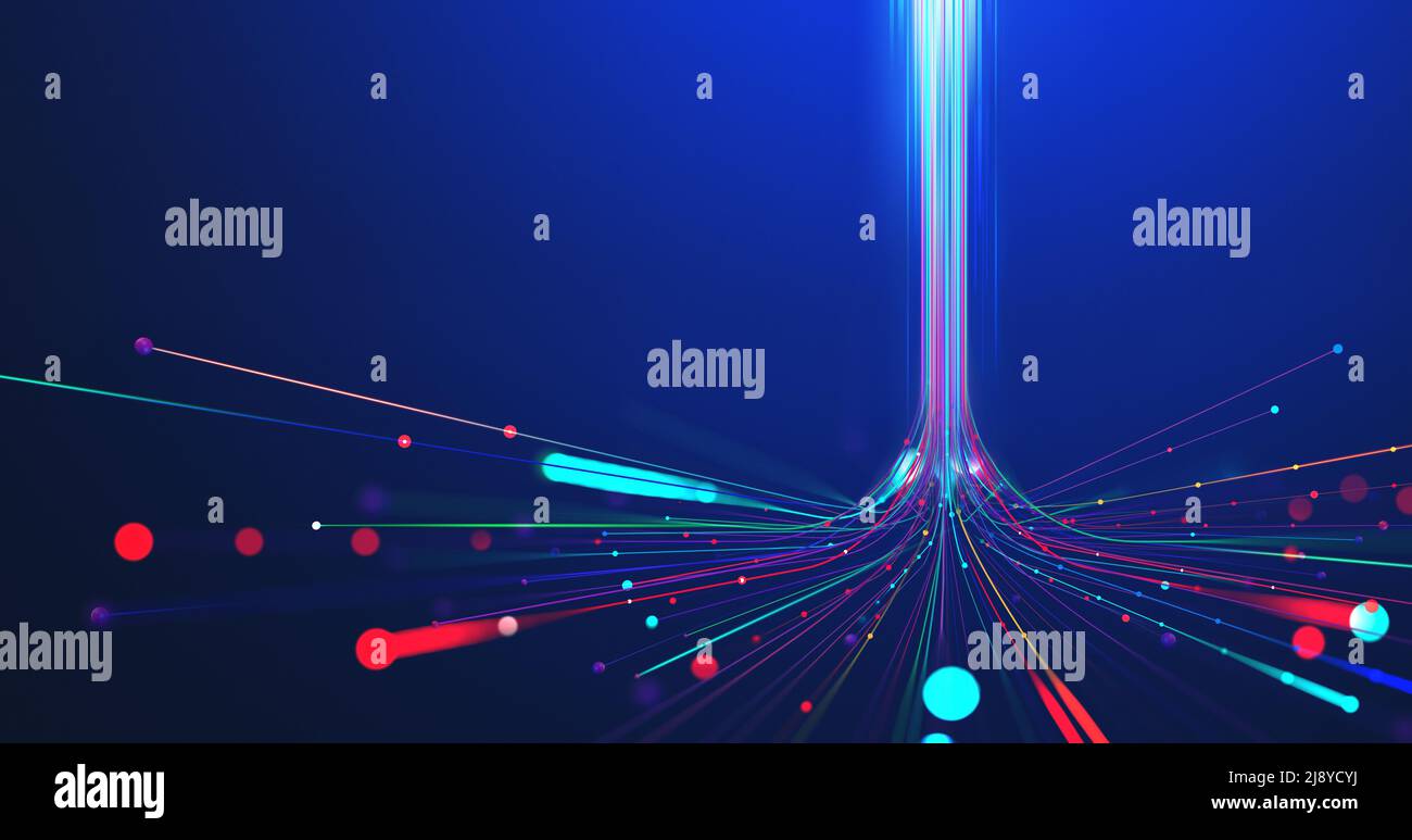 5G Technologie drahtlose Datenübertragung, High-Speed-Internet. Informationsfluss im abstrakten Cyberspace. 3D Abbildung des digitalen Trichters für Big Data Stockfoto