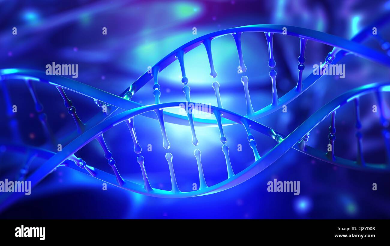 DNA-Helix 3D-Abbildung. Mutationen unter dem Mikroskop. Entschlüsselung des Genoms. Virtuelle Modellierung chemischer Prozesse. Hightech in der Medizin Stockfoto