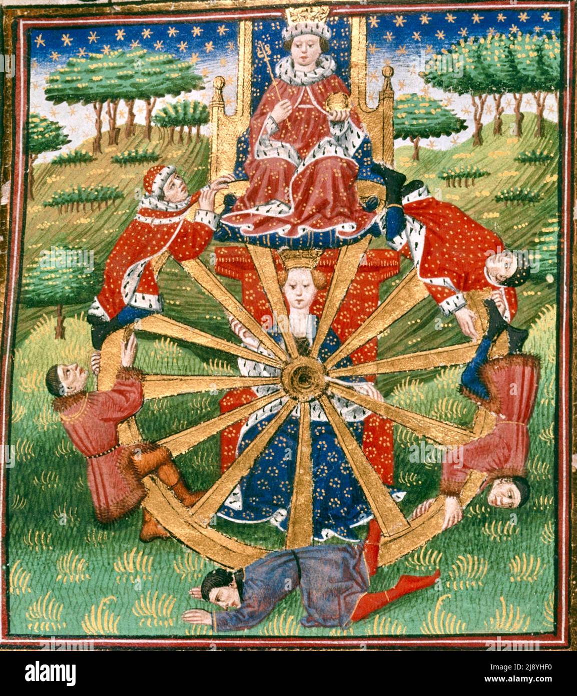 Glücksrad. Die Fortune sitzt hinter dem Rad, auf dem ein König in Enthusiasmus gezeigt wird - c1455-1462 Stockfoto