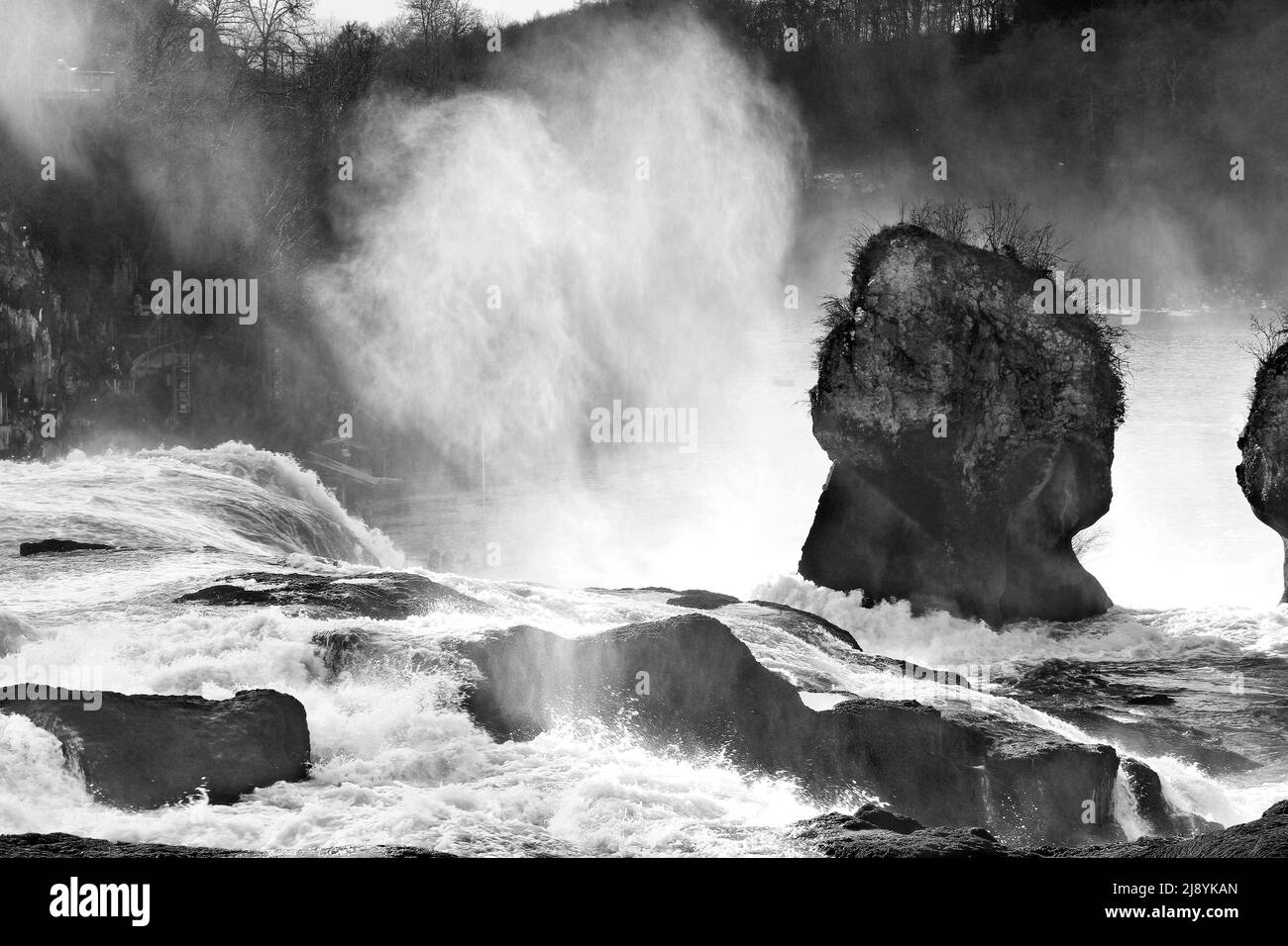 Rheinfälle, der größte Wasserfall im Winternebel, der um den Mittelfelsen steigt (schwarz-weiße Version) Stockfoto