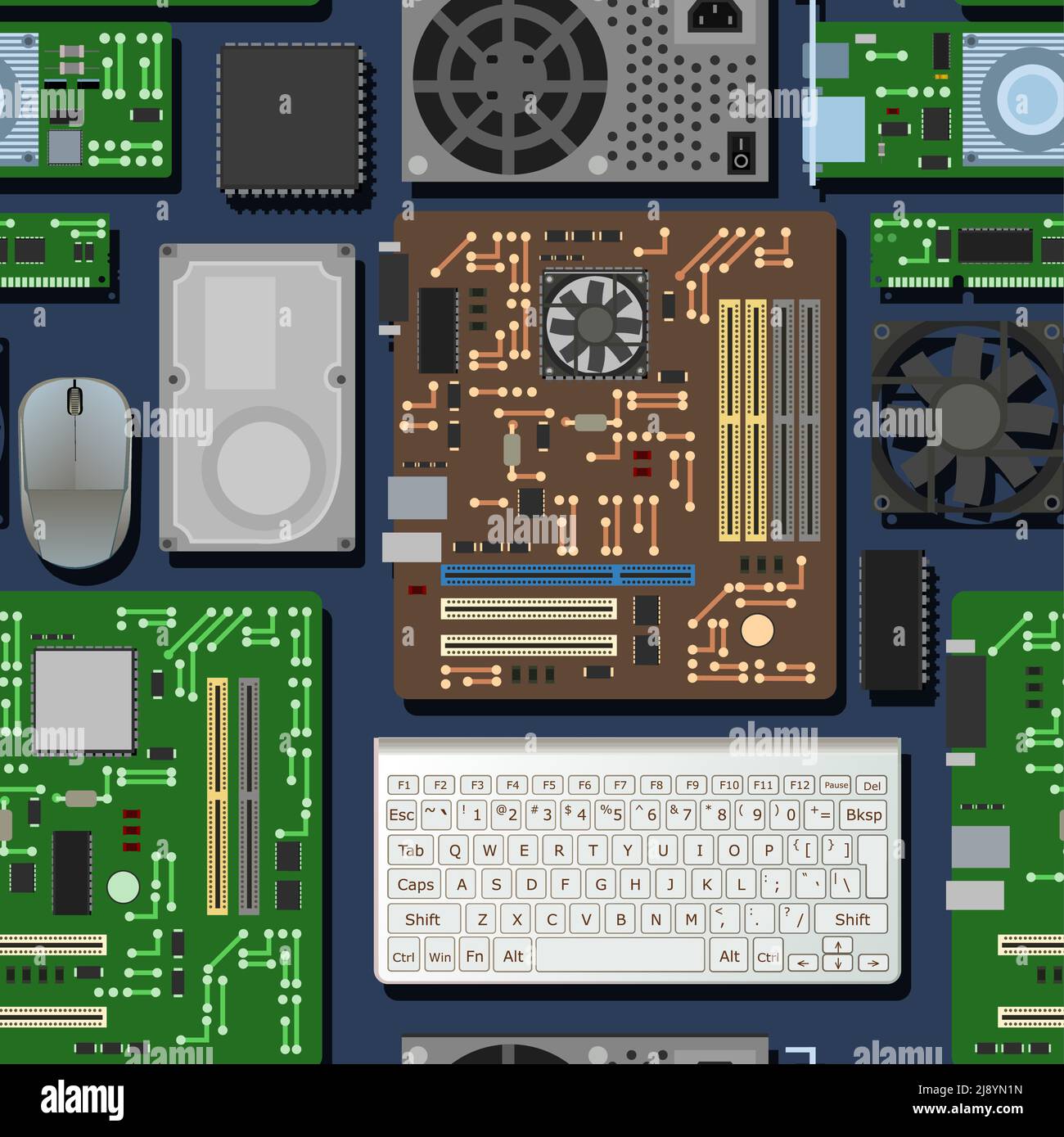 Ersatzteil für PC. Tastatur und Maus. Nahtloses Muster. PC- oder Laptop-Zubehör. RAM-Speicher der Platine Netzteil-Festplatte. Mutterschwein Stock Vektor