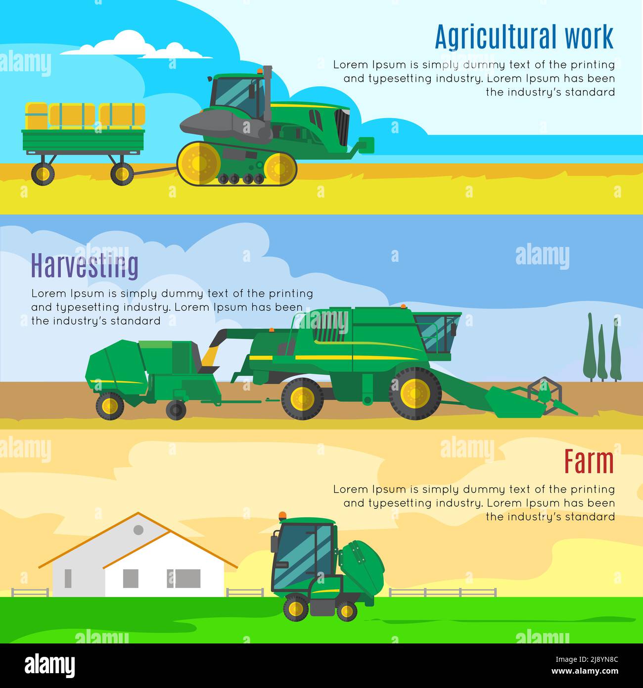 Landmaschinen horizontale Banner mit landwirtschaftlichen Arbeiten Erntemaschinen Ranch gesetzt Auf ländliche Landschaft Hintergründe isoliert Vektor-Illustration Stock Vektor