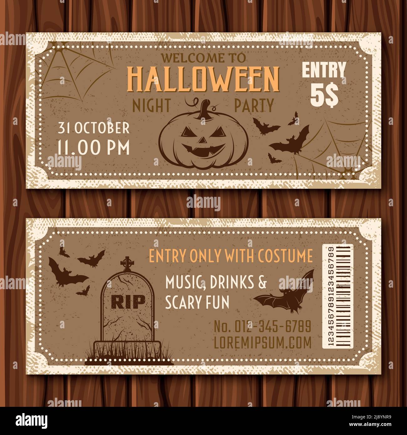 Halloween Party Flyer von tan Farbe mit Urlaub Attribute und Barcode auf Holzhintergrund isoliert Vektor-Illustration Stock Vektor
