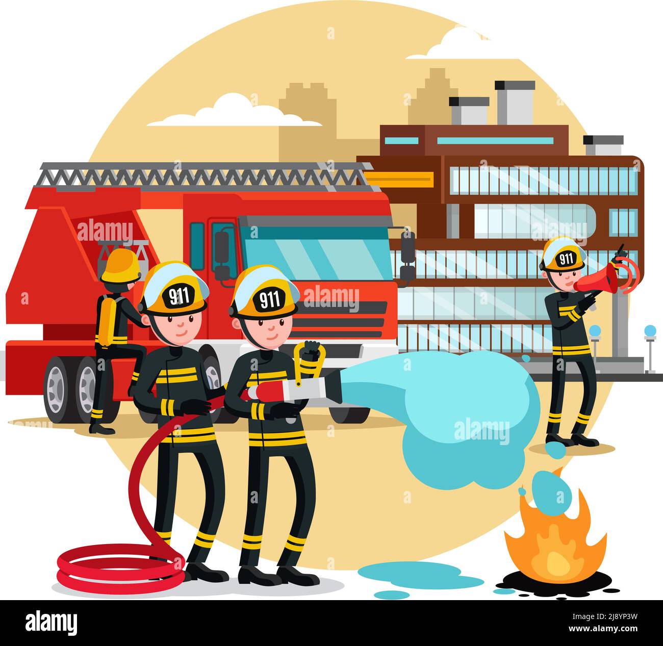 Brandschutzschablone mit Rettungswagen und Feuerwehrleuten in Uniform Und Helm mit verschiedenen Ausrüstung Vektor-Illustration Stock Vektor