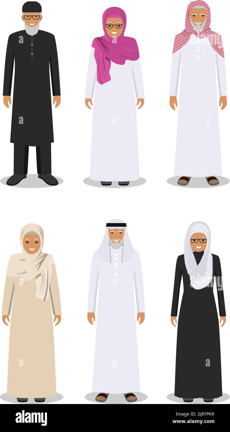 Detaillierte Darstellung verschiedener stehender arabischer älterer Männer und Frauen in der traditionellen nationalen muslimischen arabischen Kleidung, isoliert auf weißem Hintergrund Stock Vektor