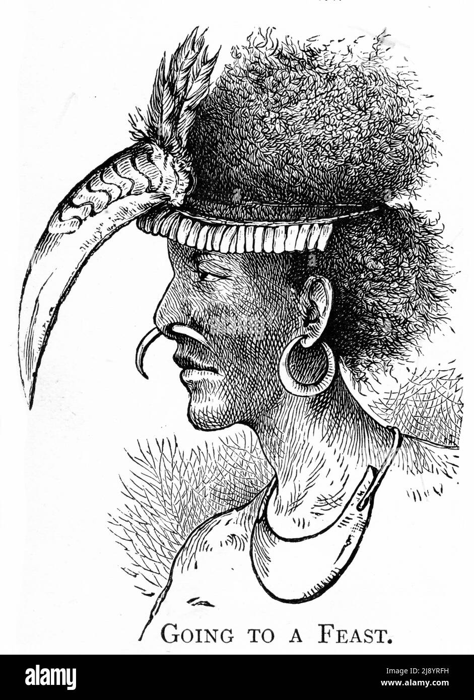 Gravur eines Mannes, der ein kunstvolles Kopfkleid für ein Fest in Papua-Neuguinea im Jahr 1880s trug Stockfoto