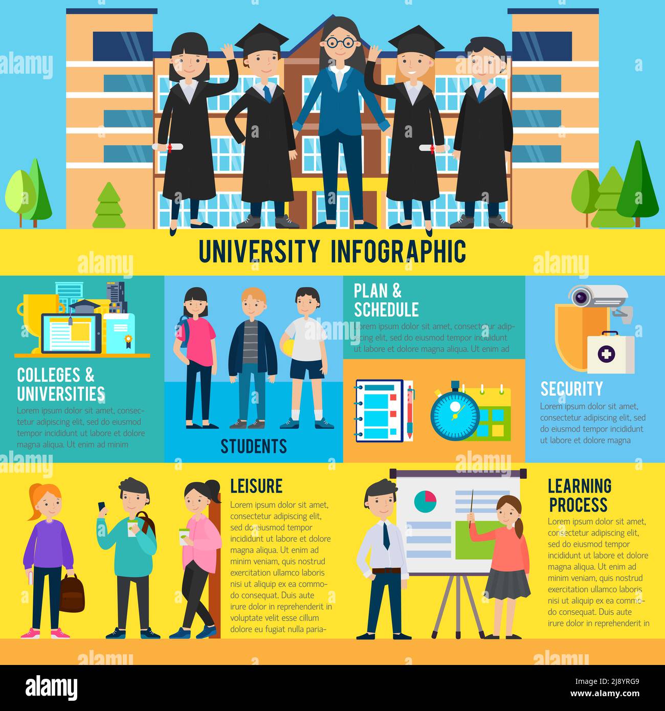 Bildung Infografik Vorlage mit Studenten in Sport aktive Freizeit Und studieren Sphären der Universität Leben Vektor Illustration Stock Vektor