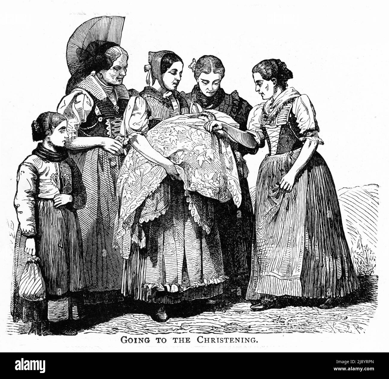Stich einer Gruppe Schweizer Frauen am Tag der Taufe Ende 1800s Stockfoto