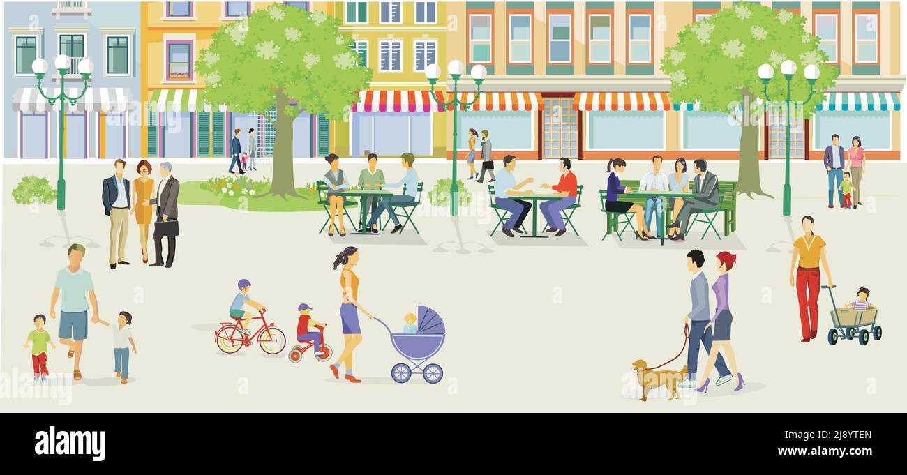 City Silhouette mit Fußgängern im Wohnviertel, Illustration Stock Vektor