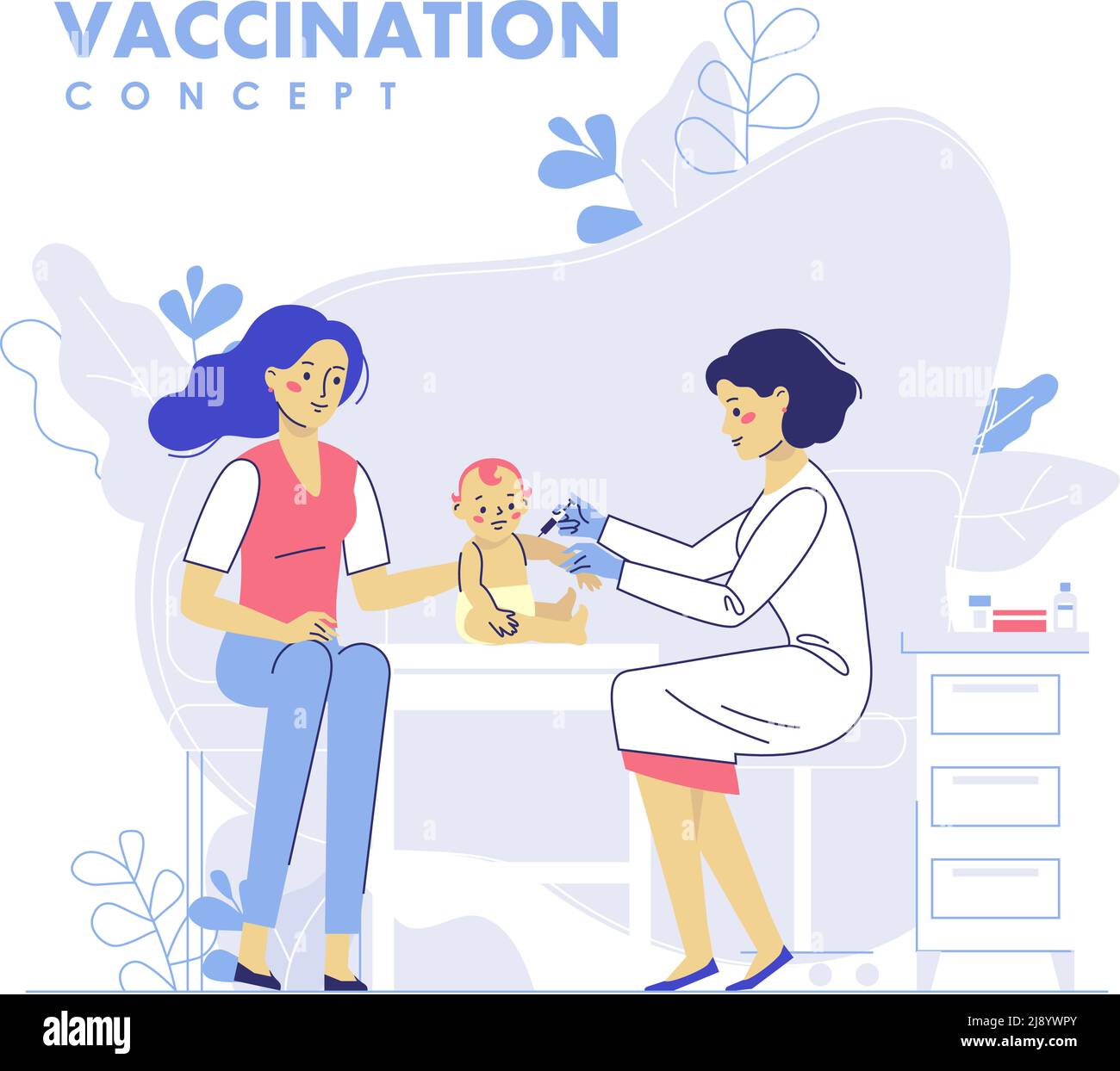 Arzt Kinderarzt macht eine Injektion von Grippe-Impfstoff an ein Baby im Krankenhaus. Gesundheitswesen, medizinische Behandlung, Prävention und Immunisierung. Stock Vektor