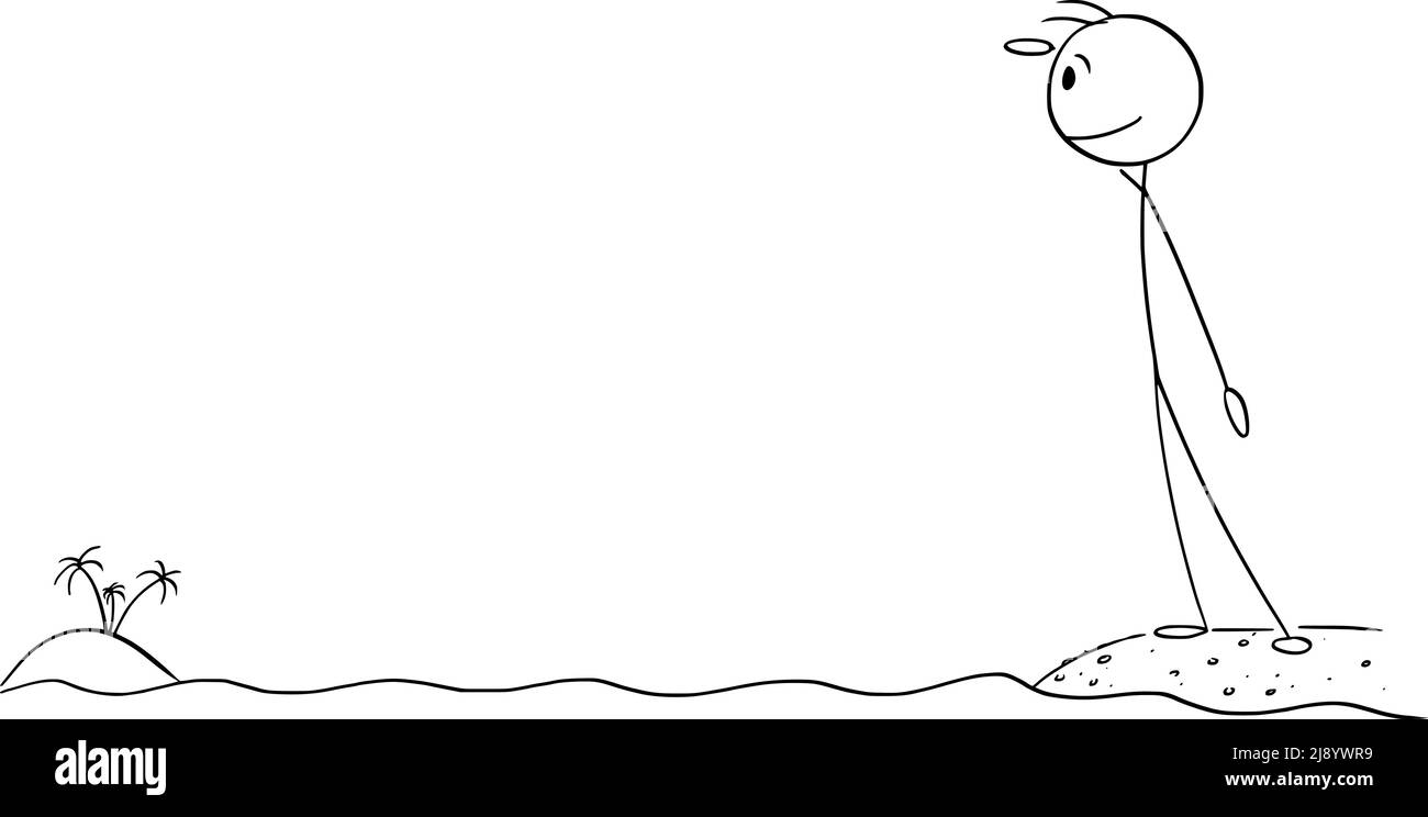 Person, die an der Küste steht und die entfernte tropische Insel beobachtet, Vektor-Cartoon-Stick-Abbildung Stock Vektor