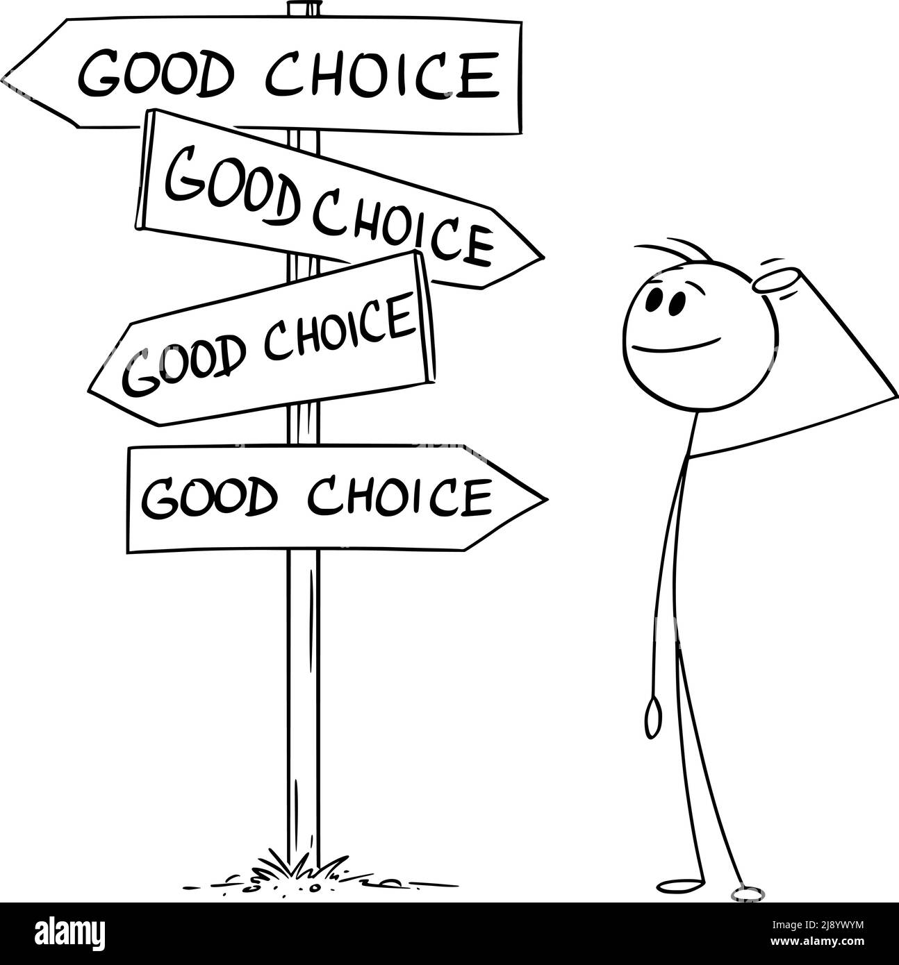 Person oder Geschäftsmann stehen an der Kreuzung, entscheiden und wählen Sie aus guten Entscheidungen, Vektor Cartoon Stick Abbildung Stock Vektor