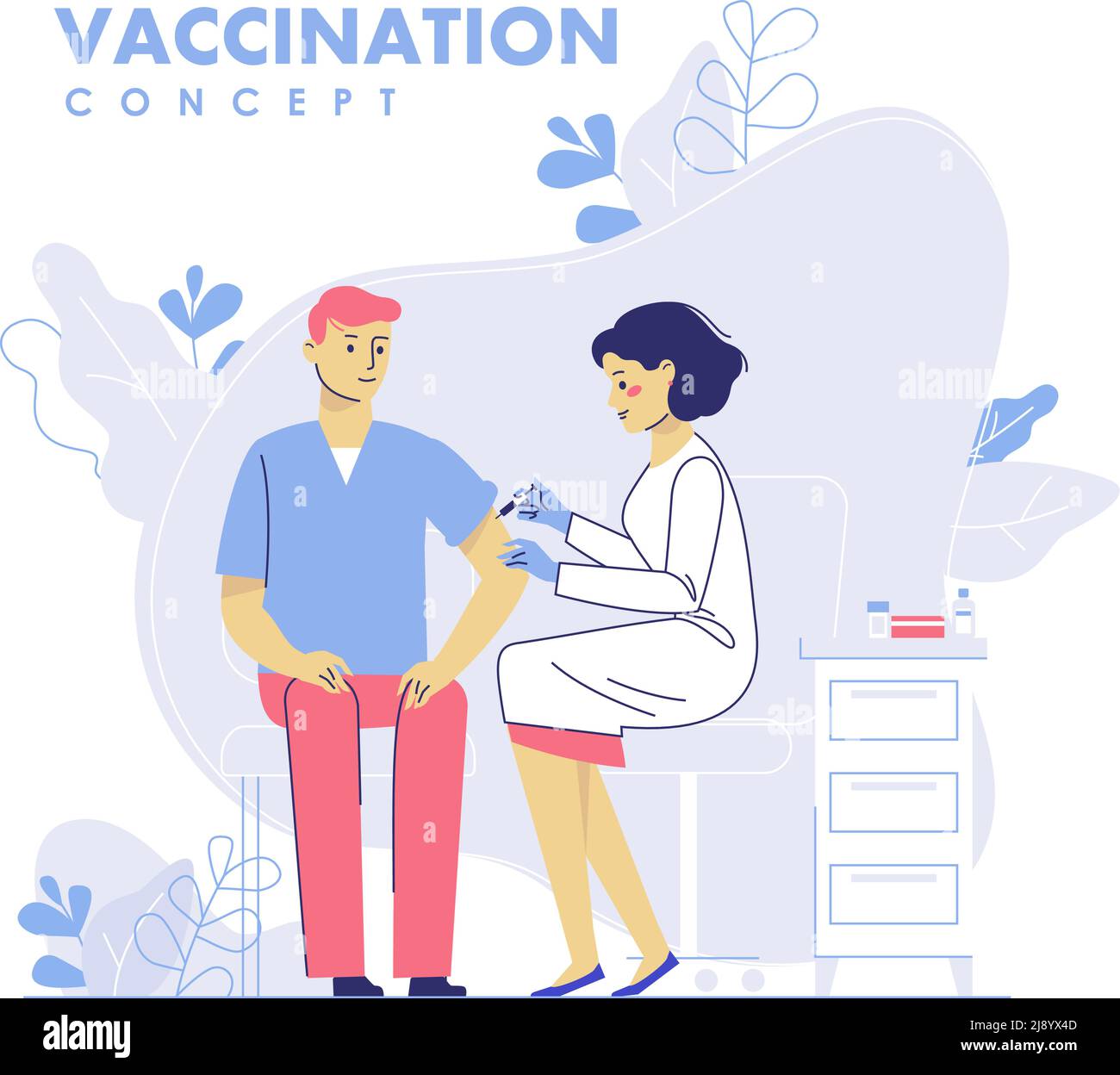 Der Arzt gibt einem Mann im Krankenhaus eine Grippeimpfung. Gesundheitswesen, medizinische Behandlung, Prävention und Immunisierung. Stock Vektor