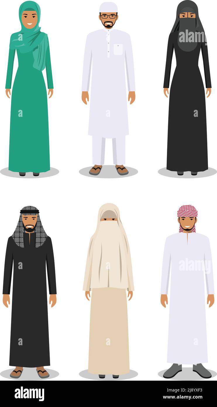 Detaillierte Illustration von verschiedenen stehenden arabischen Mann und Frau in der traditionellen nationalen muslimischen arabischen Kleidung isoliert auf weißem Hintergrund in der Wohnung Stock Vektor