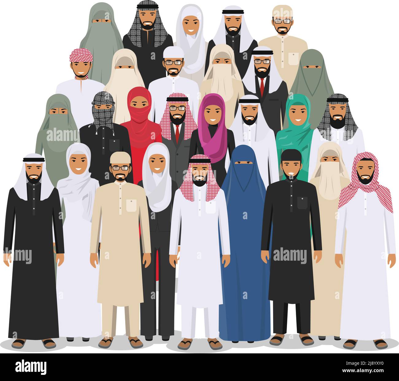 Arabischer Mann und Frau stehen in verschiedenen traditionellen islamischen Kleidern auf weißem Hintergrund in flachem Stil zusammen. Verschiedene Kleiderstile. Flaches Design p Stock Vektor