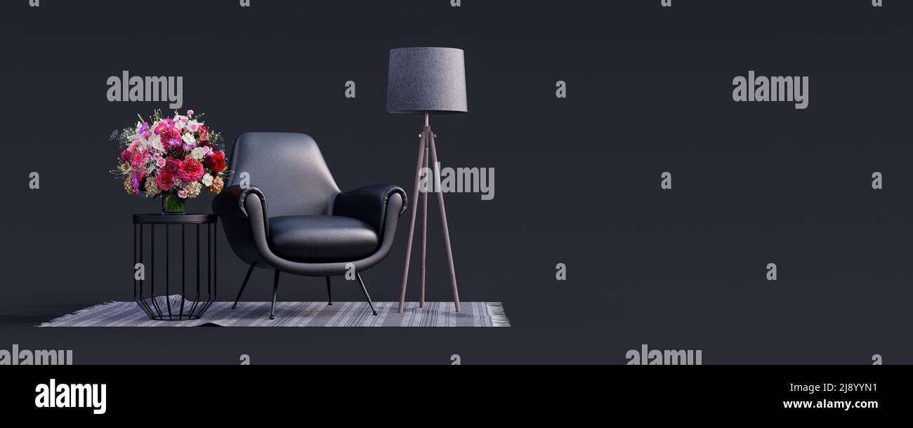 Kreatives Interieur im schwarzen Studio mit modernem Ledersessel 3D Render 3D Illustration Stockfoto