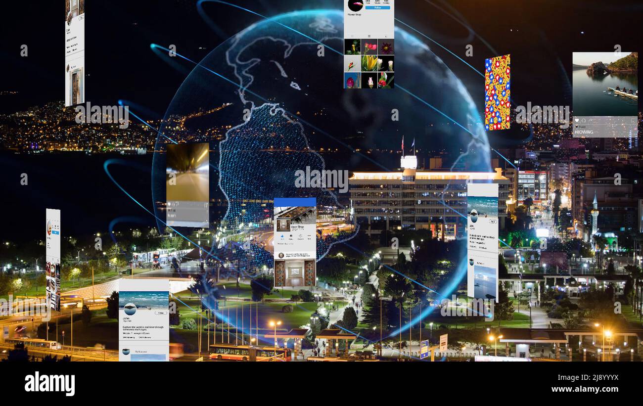 Futuristische Stadt mit sozialen Medien verbunden. Hightech-Vision von izmir. Augmented Reality. Stockfoto