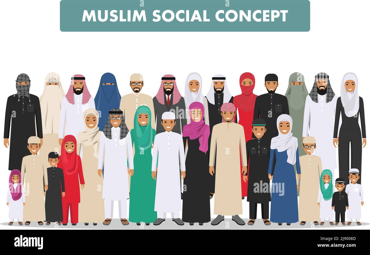 Arabische Männer und Frauen stehen in verschiedenen traditionellen islamischen Kleidern auf weißem Hintergrund in flachem Stil zusammen. Gruppe junge und Erwachsene muslimische Menschen. Stock Vektor