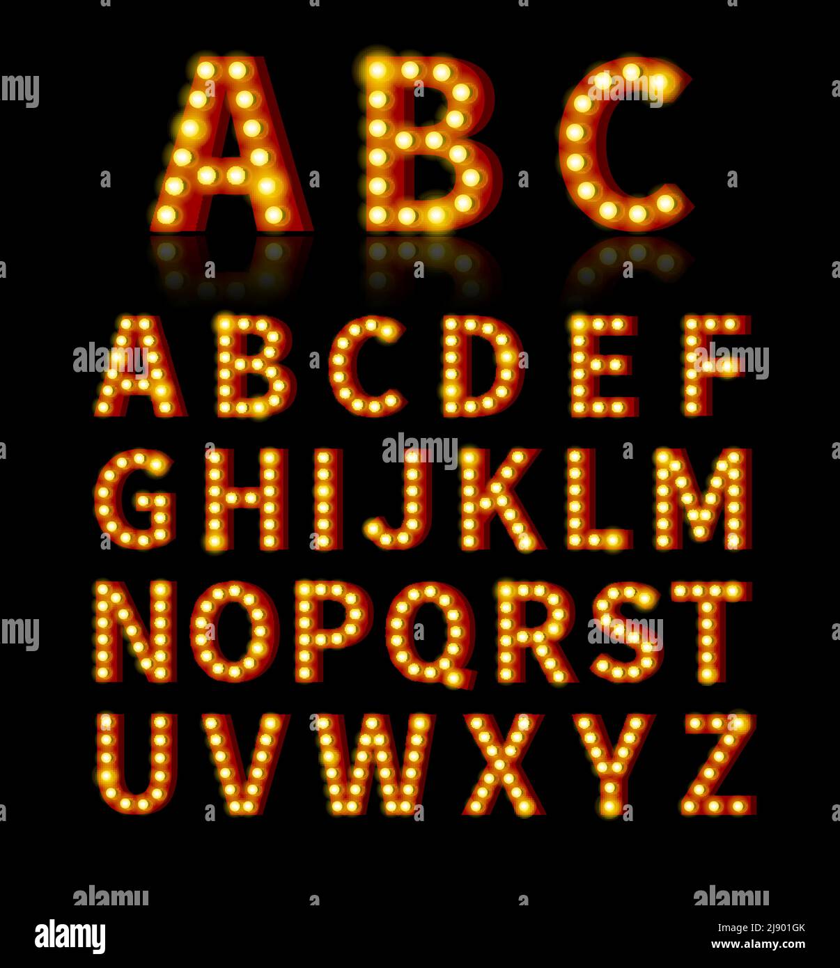 Schriftart für Glühbirnen. Text und Zeichen, Glühbirne hell, Alphabet-Design. Vektorgrafik Stock Vektor