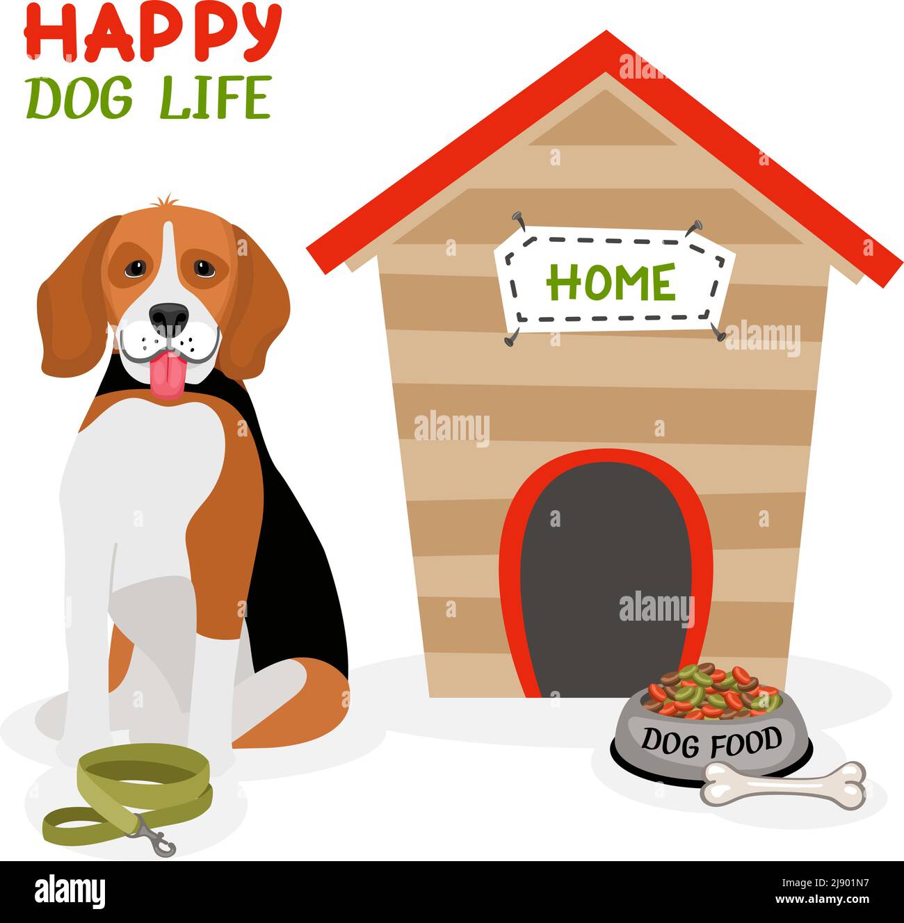 Happy Dog Life Vektor-Poster-Design mit einem niedlichen Beagle Mit der Zunge vor einem hundehütte sitzend Mit einem Bleiknochen und einer Schüssel mit Nahrung Stock Vektor