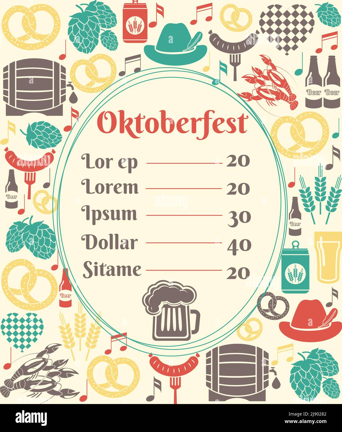 Oktoberfest Menüvorlage mit einem ovalen Rahmen, der einen Preis umschließt Liste umgeben von Ikonen des deutschen Bieres in Flaschen Dose tankard Glasfass oder Fass b Stock Vektor
