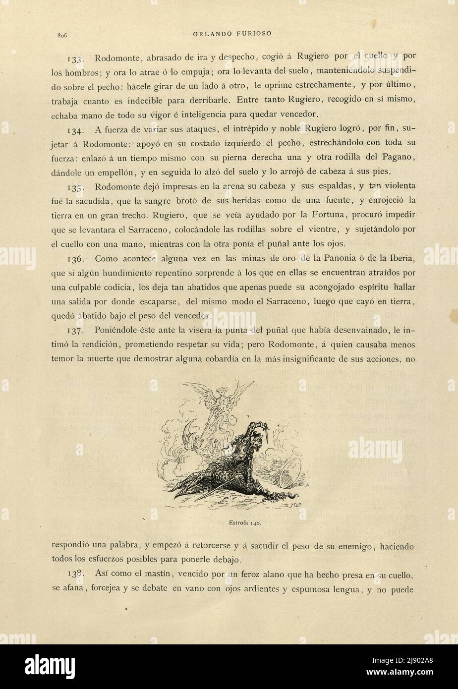 Seite von Orlando Furioso illustriert von Gustave Dore, eine mittelalterliche Ritterromantik, spanischer Text Stockfoto