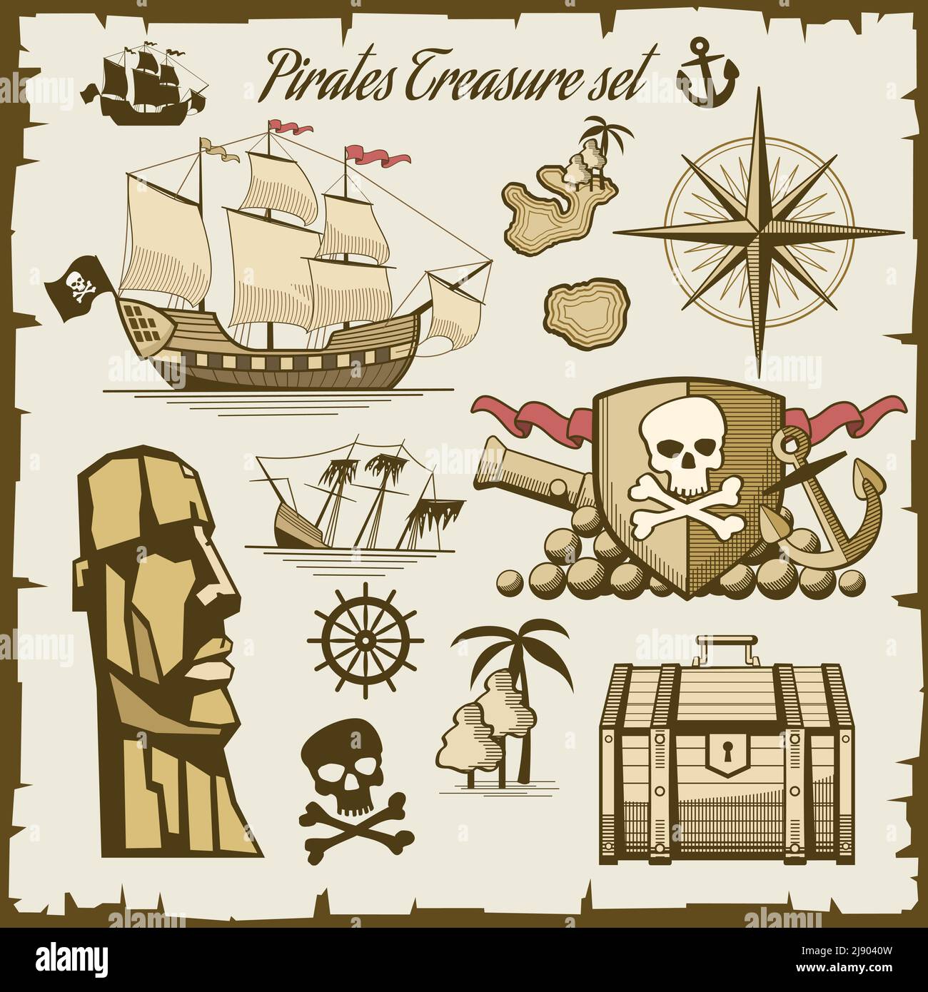 Vektorset für Piratenobjekte. Kanone und Symbol Schädel, Seeschiff Illustration Stock Vektor